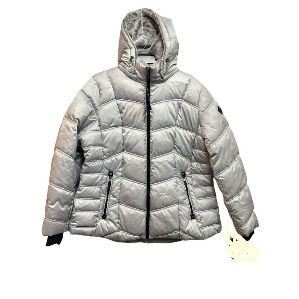 New Nautica Women’s Jacket Silver Waterproof Removable Hoodie Puffer Size 2 XL